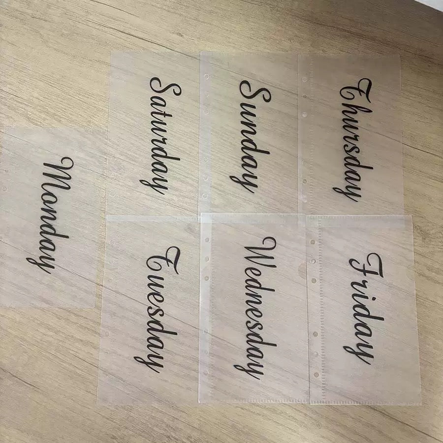 7Pcs A6 Weekly Budget Cash Envelopes - Clear 6-Ring Binder Inserts with Days of the Week Print