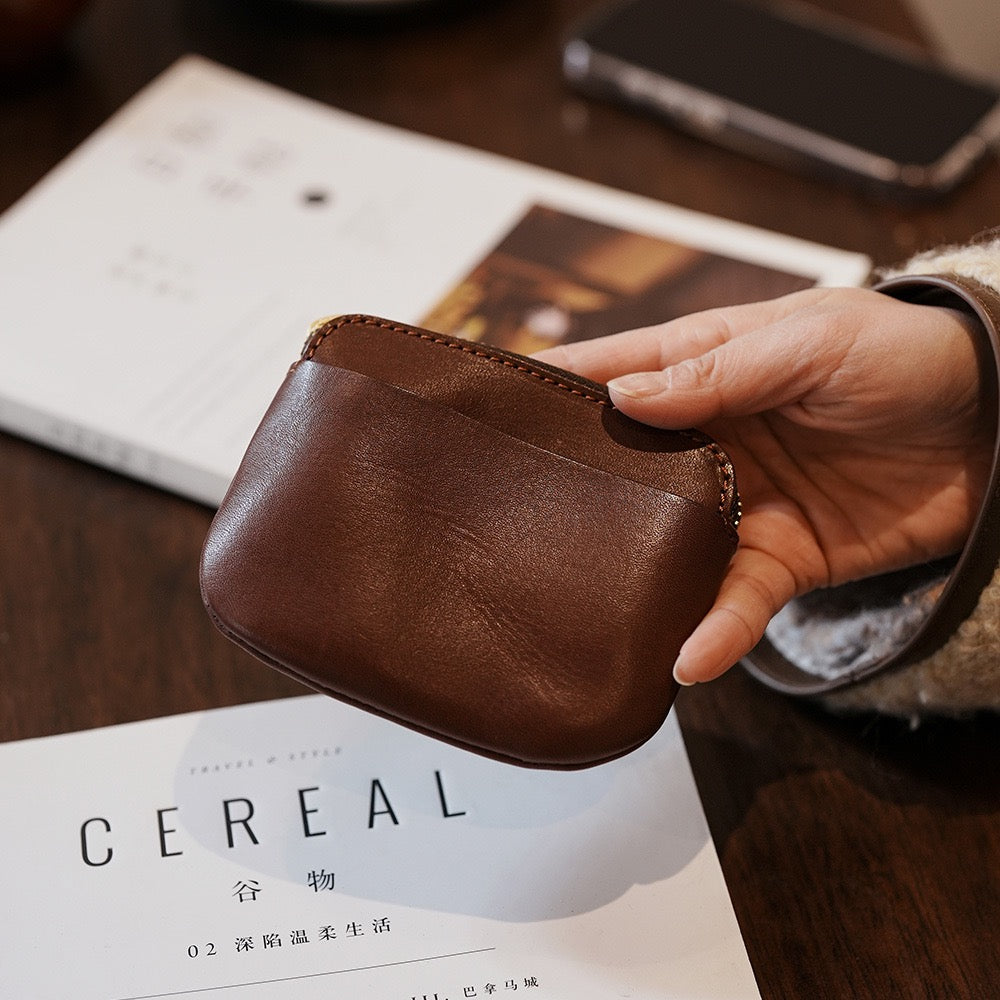Full-Grain PU Leather Mini Zipper Pouch, Portable Style Coin Purse & Lipstick Holder for Women