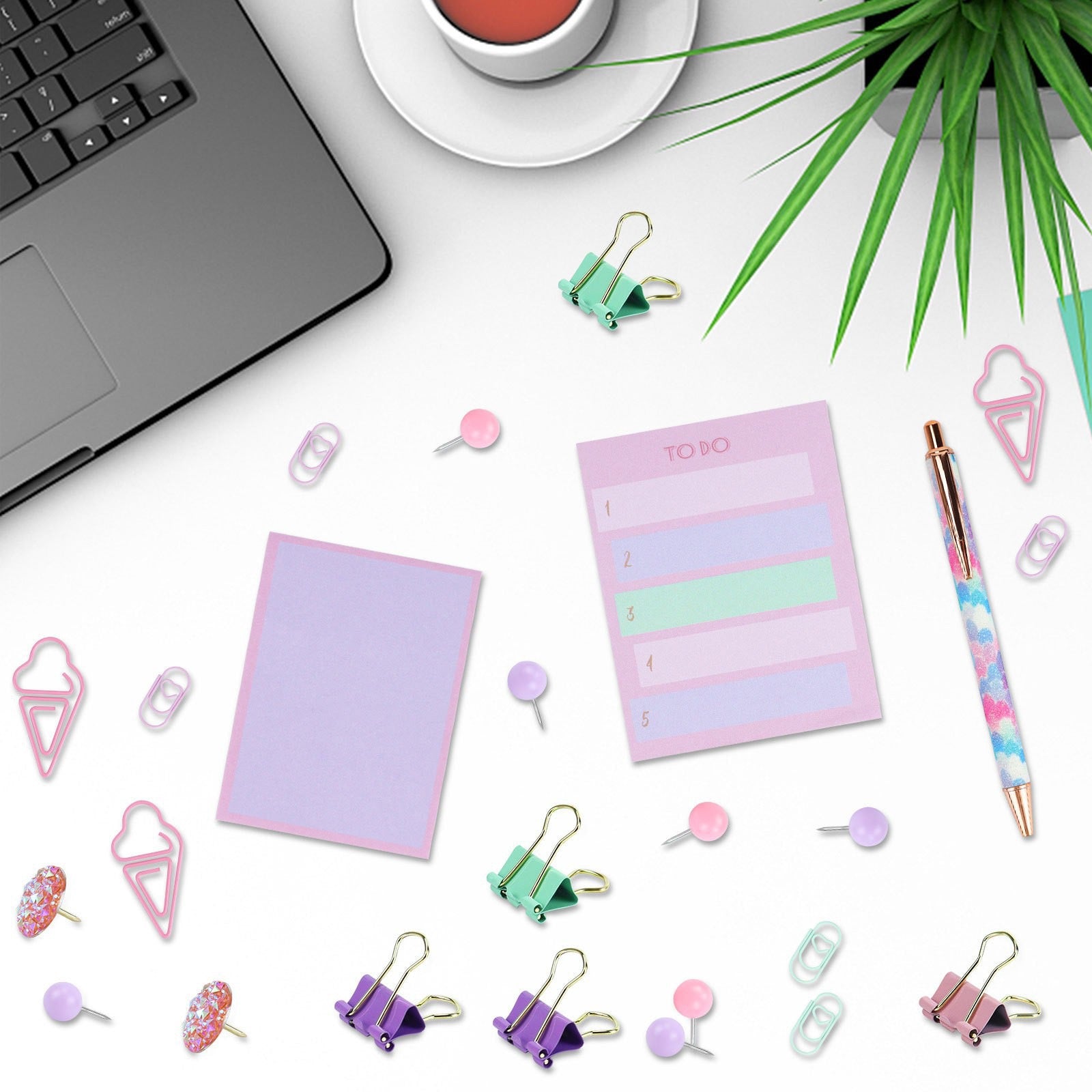 Pastel Stationery Gift Set, Cute Macaron Desk Supplies Kit with Binder Clips, Sticky Notes & Pen