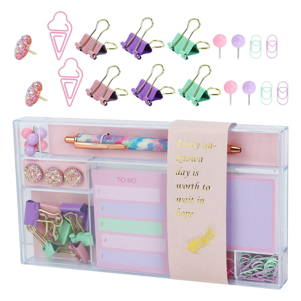 Pastel Stationery Gift Set, Cute Macaron Desk Supplies Kit with Binder Clips, Sticky Notes & Pen