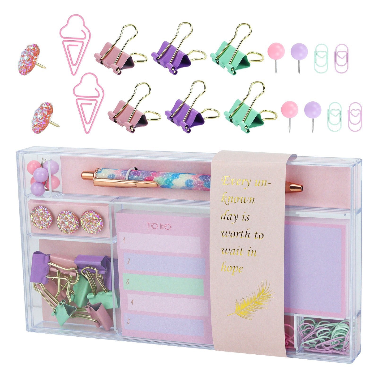 Pastel Stationery Gift Set, Cute Macaron Desk Supplies Kit with Binder Clips, Sticky Notes & Pen
