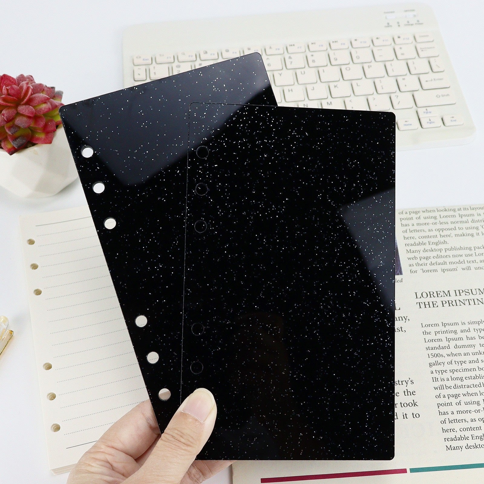Glitter Acrylic Discbound Notebook Cover, 3-Ring Binder Shell for Planner, DIY Journal Shell with Gold/Black Rings