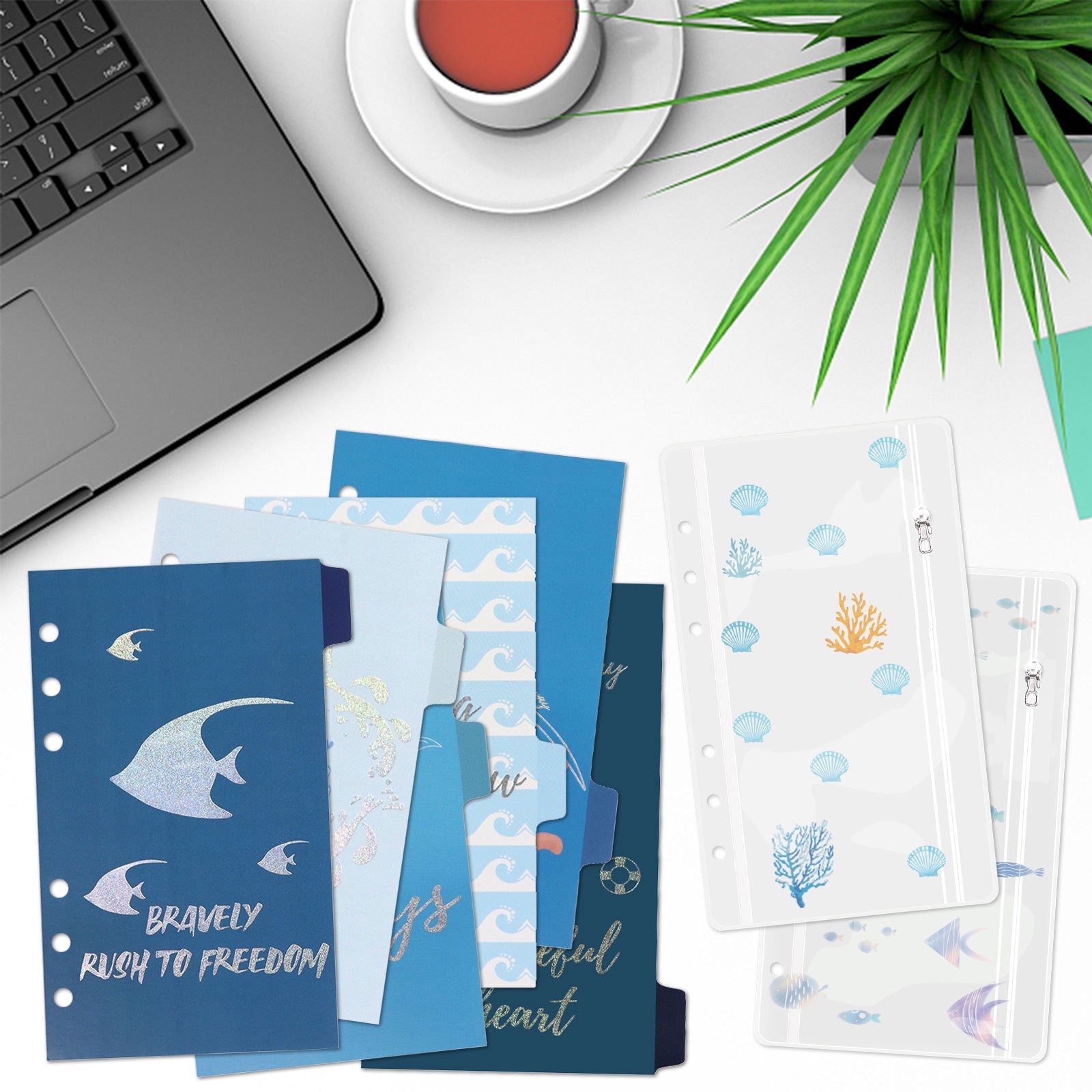 Ocean Themed A6 Binder Dividers, 6-Hole PVC Index Tabs for Loose-Leaf Planner & Journal