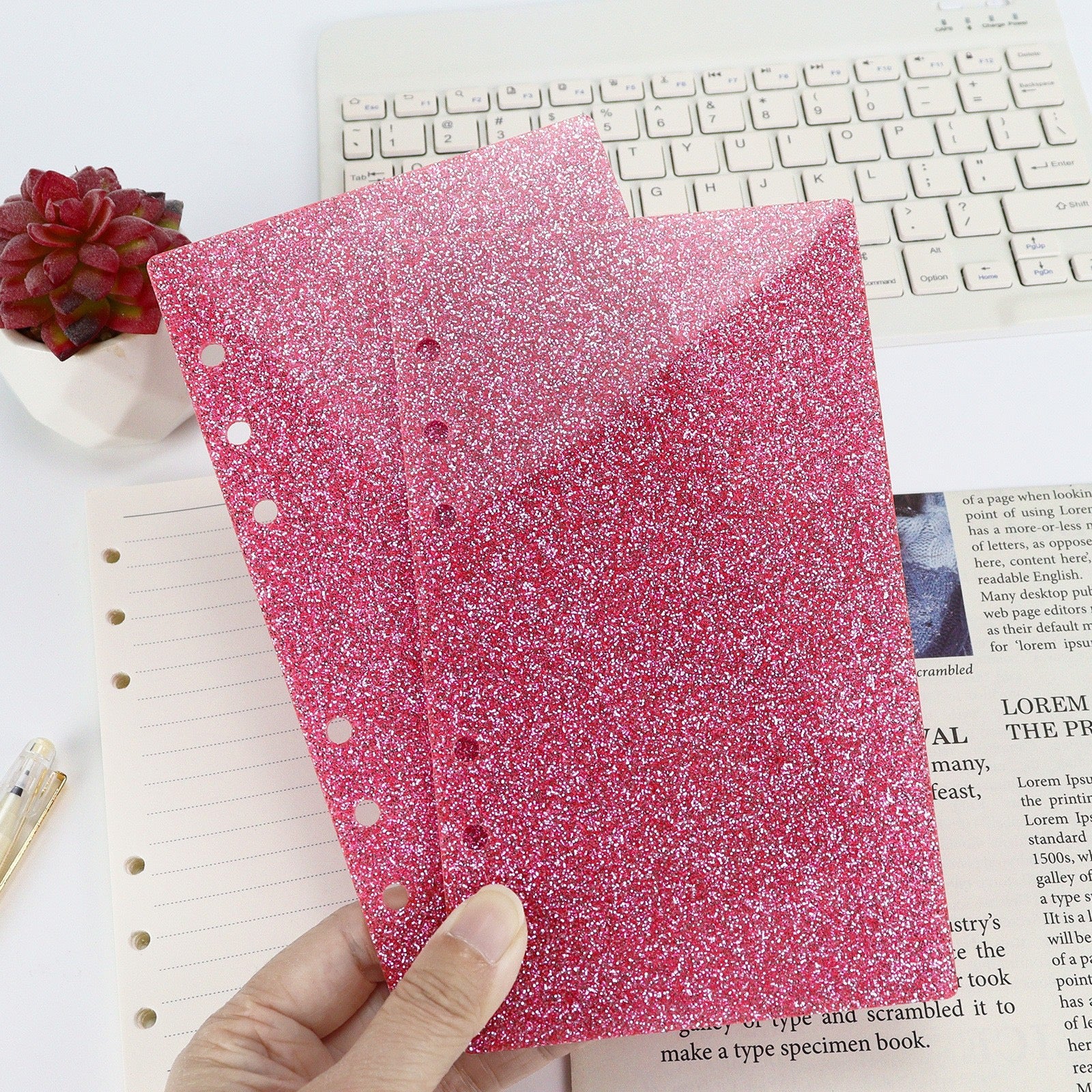 Glitter Acrylic Discbound Notebook Cover, 3-Ring Binder Shell for Planner, DIY Journal Shell with Gold/Black Rings