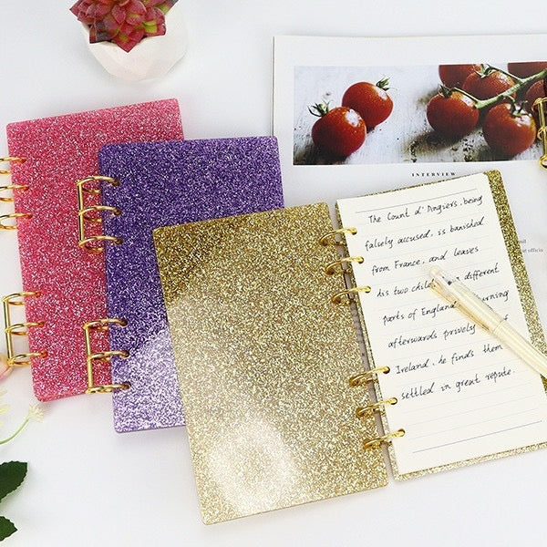 Glitter Acrylic Discbound Notebook Cover, 3-Ring Binder Shell for Planner, DIY Journal Shell with Gold/Black Rings