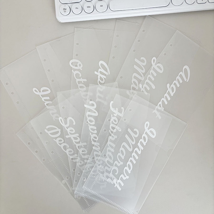 12Pcs Monthly Budget Cash Envelopes Set - Clear 6-Ring A6 Binder Inserts with Month Prints