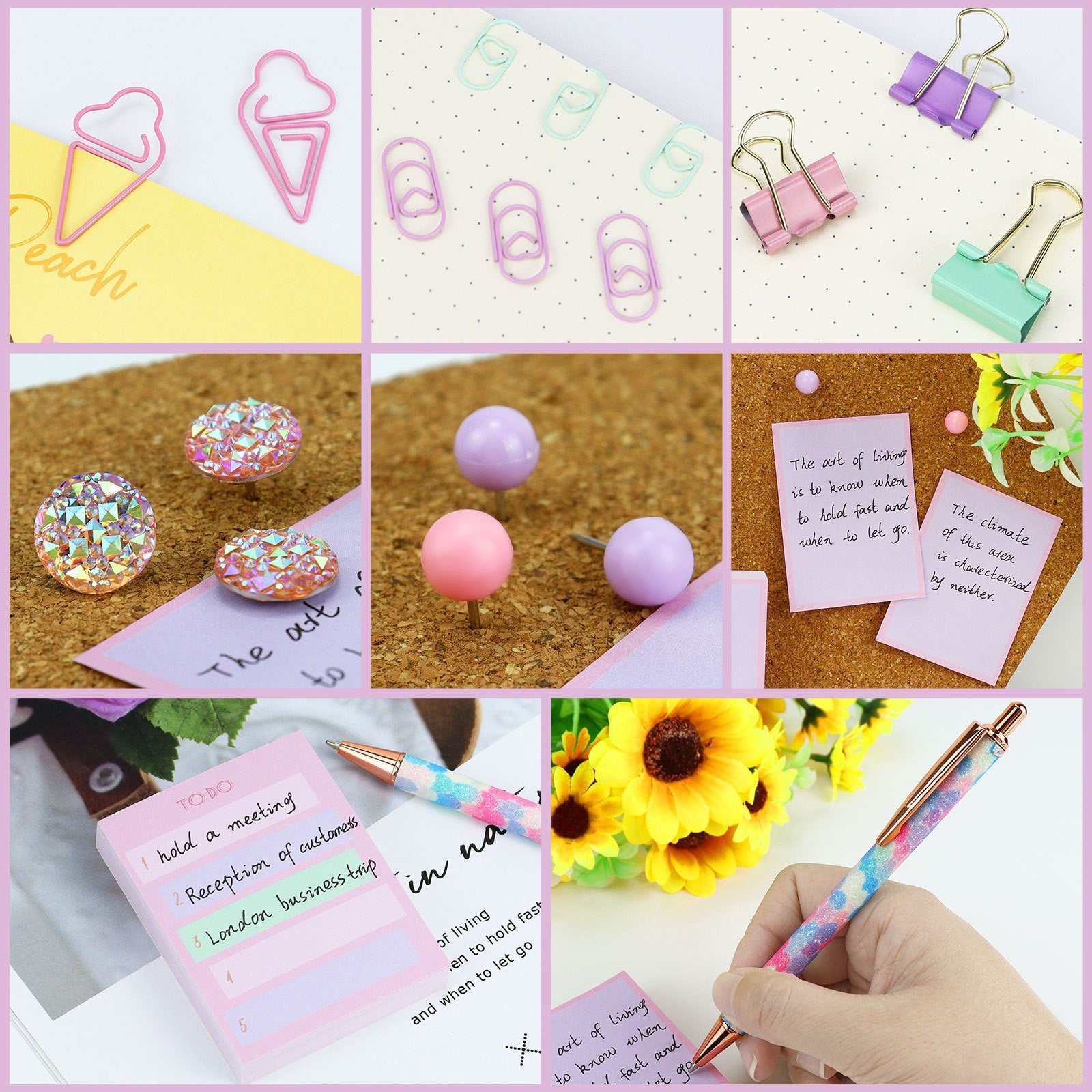 Pastel Stationery Gift Set, Cute Macaron Desk Supplies Kit with Binder Clips, Sticky Notes & Pen