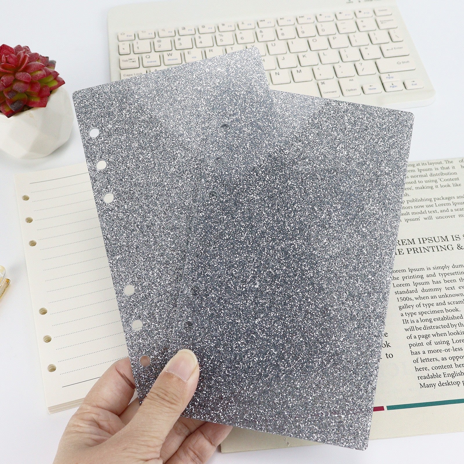 Glitter Acrylic Discbound Notebook Cover, 3-Ring Binder Shell for Planner, DIY Journal Shell with Gold/Black Rings