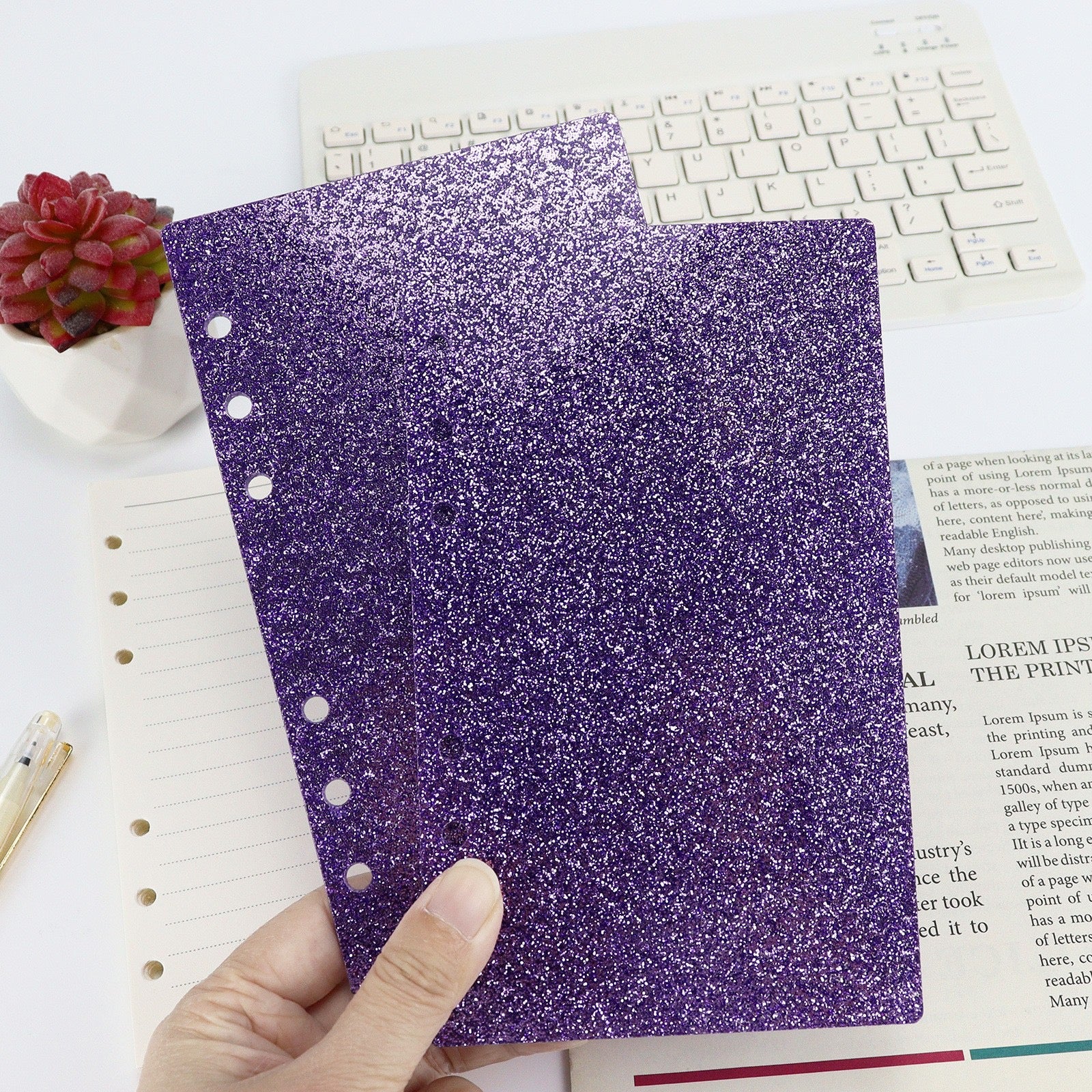 Glitter Acrylic Discbound Notebook Cover, 3-Ring Binder Shell for Planner, DIY Journal Shell with Gold/Black Rings