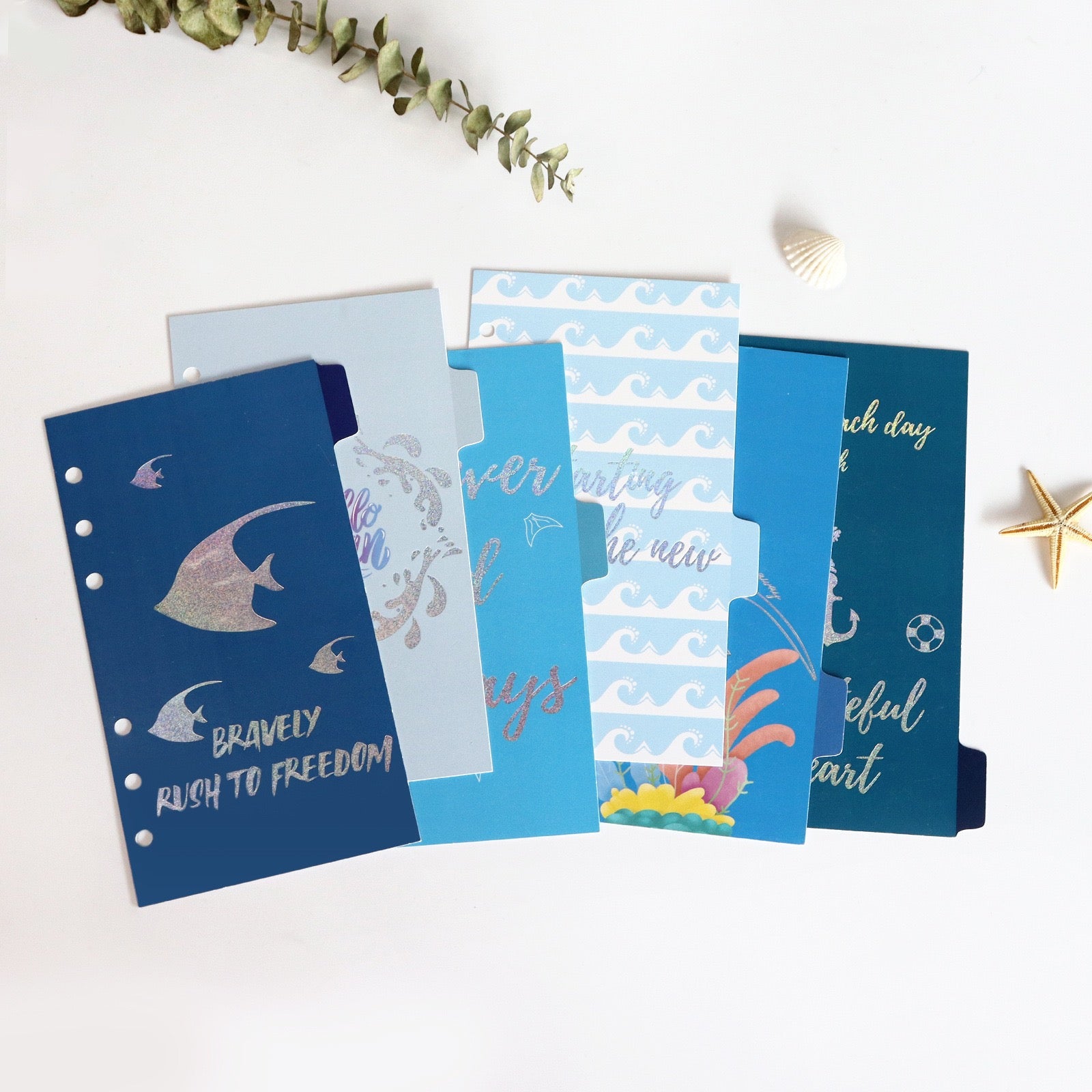 Ocean Themed A6 Binder Dividers, 6-Hole PVC Index Tabs for Loose-Leaf Planner & Journal