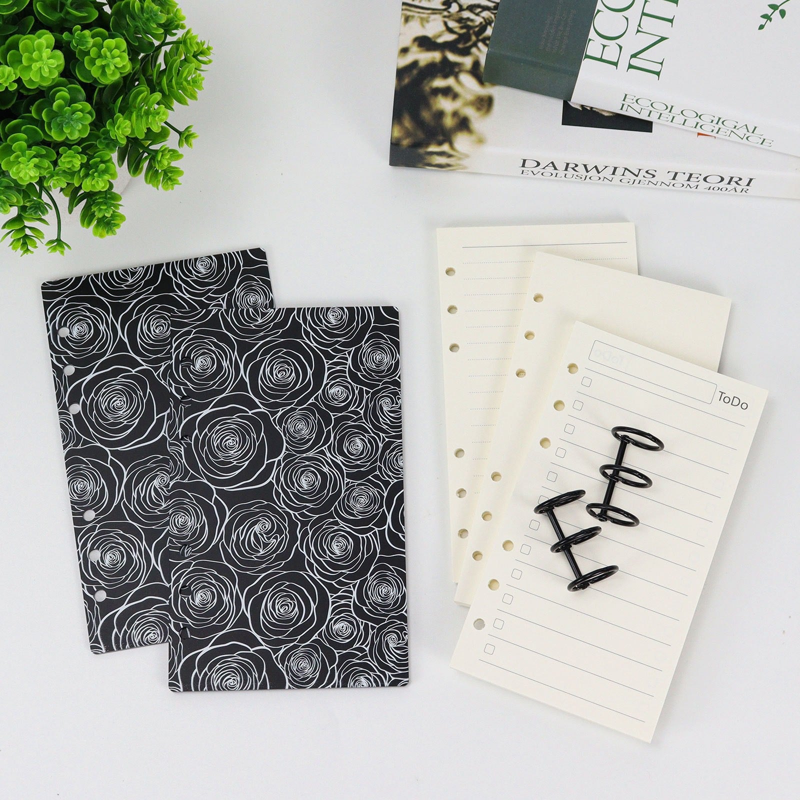 A6 Acrylic Cover Loose-Leaf Notebook, Rose & Bow Print Binder Journal with Replaceable Pages