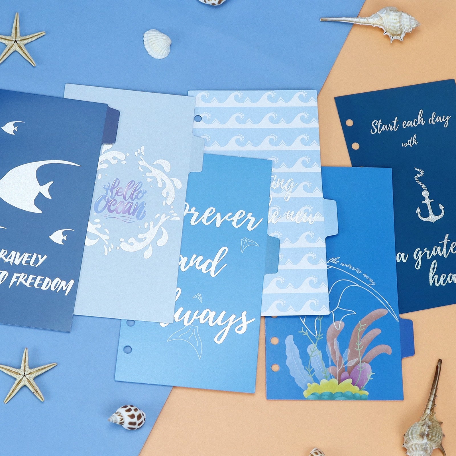 Ocean Themed A6 Binder Dividers, 6-Hole PVC Index Tabs for Loose-Leaf Planner & Journal
