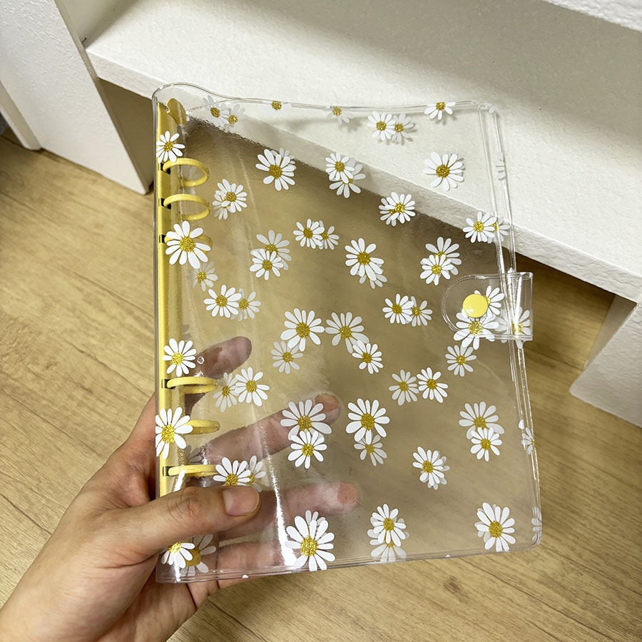 A6 Daisy Print Transparent 6-Ring Binder Notebook - Cute Floral Journal Planner