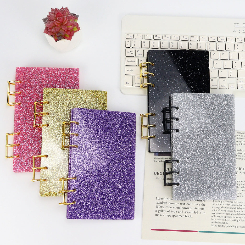 Glitter Acrylic Discbound Notebook Cover, 3-Ring Binder Shell for Planner, DIY Journal Shell with Gold/Black Rings