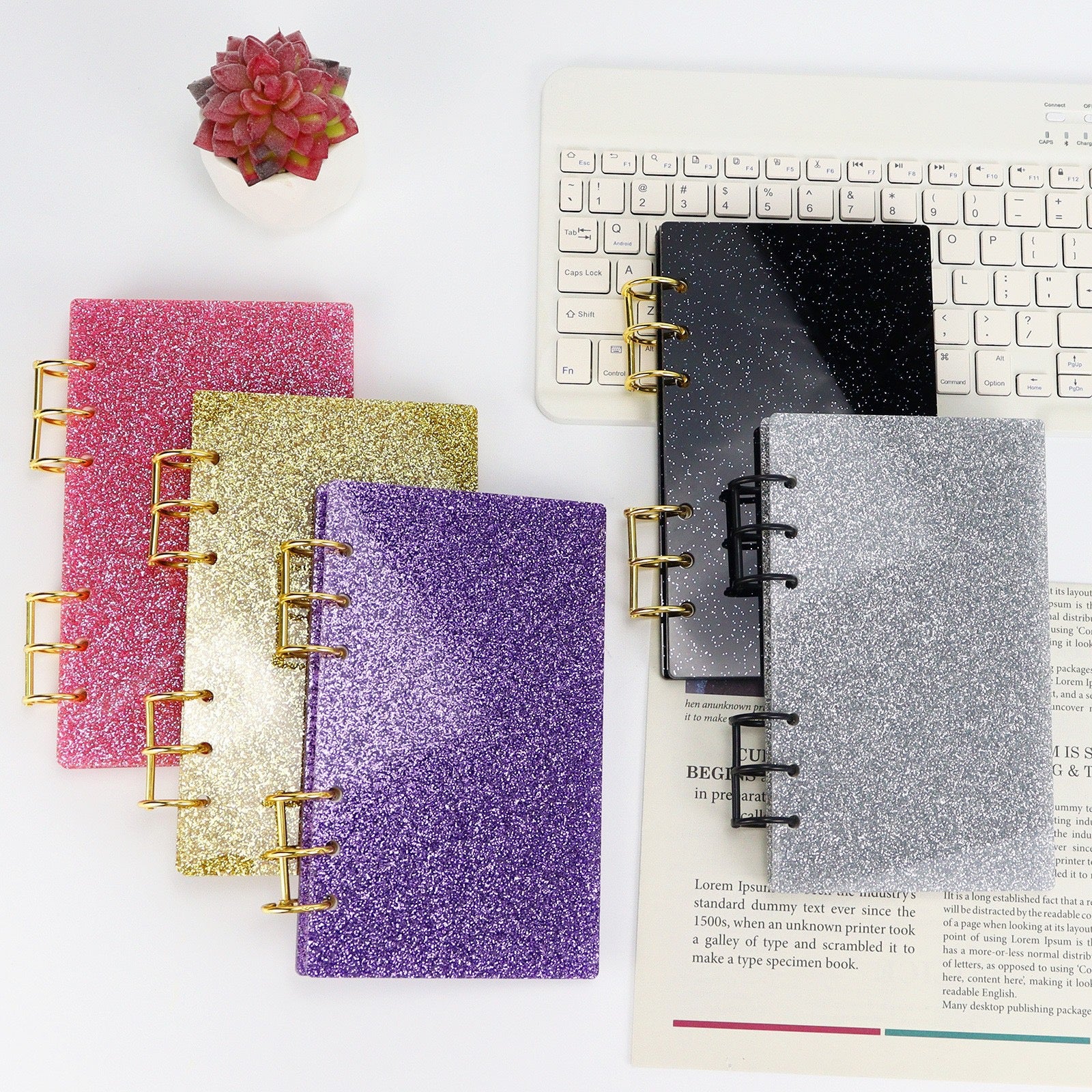 Glitter Acrylic Discbound Notebook Cover, 3-Ring Binder Shell for Planner, DIY Journal Shell with Gold/Black Rings