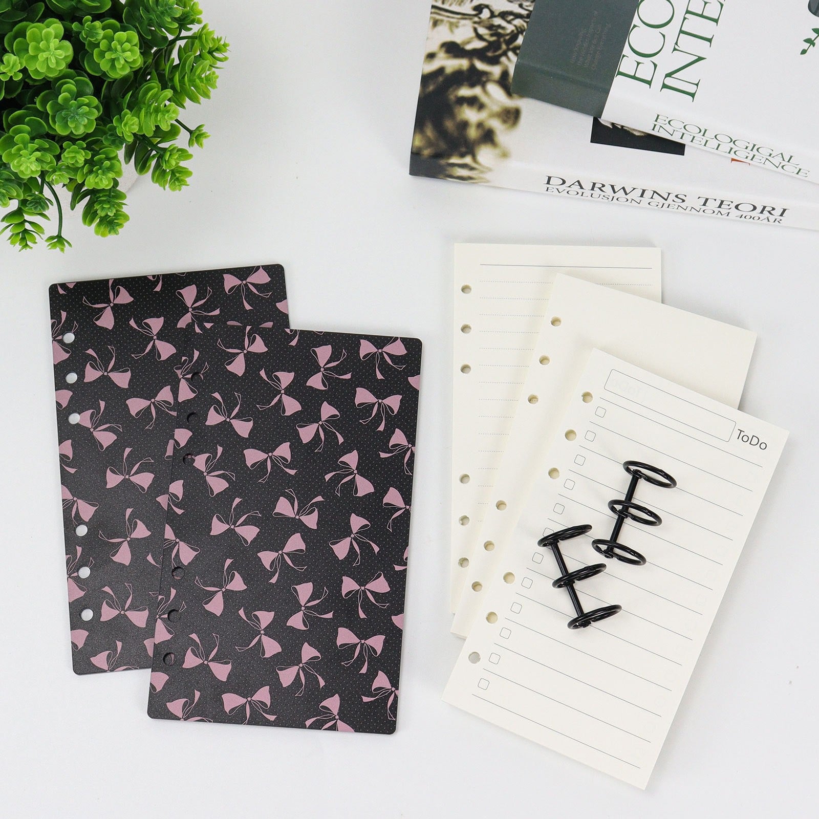 A6 Acrylic Cover Loose-Leaf Notebook, Rose & Bow Print Binder Journal with Replaceable Pages
