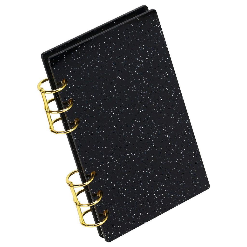 Glitter Acrylic Discbound Notebook Cover, 3-Ring Binder Shell for Planner, DIY Journal Shell with Gold/Black Rings