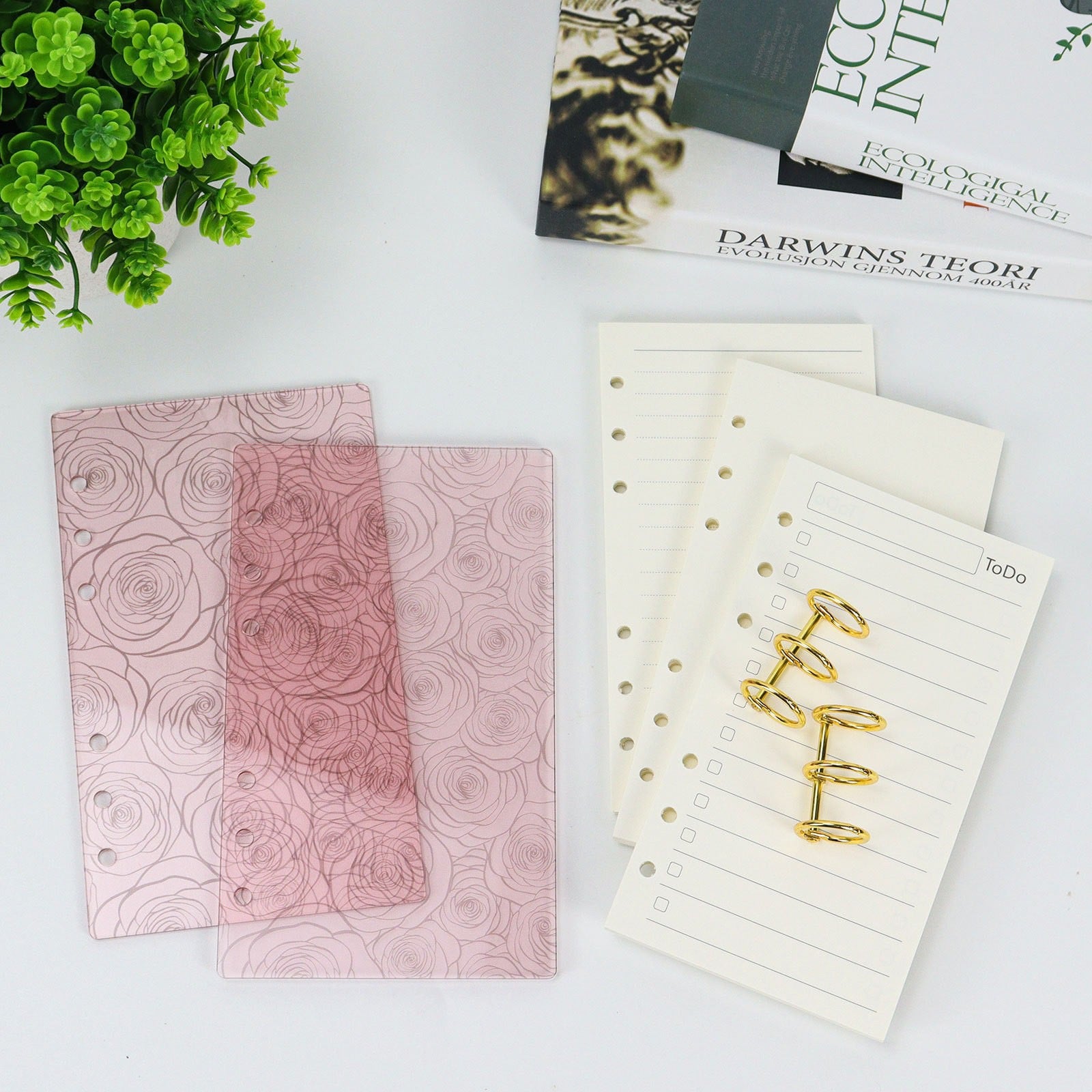 A6 Acrylic Cover Loose-Leaf Notebook, Rose & Bow Print Binder Journal with Replaceable Pages