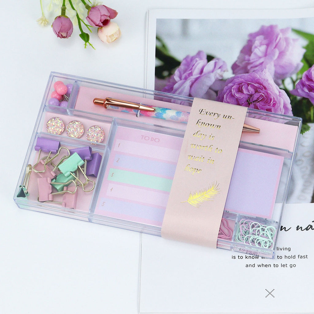 Pastel Stationery Gift Set, Cute Macaron Desk Supplies Kit with Binder Clips, Sticky Notes & Pen