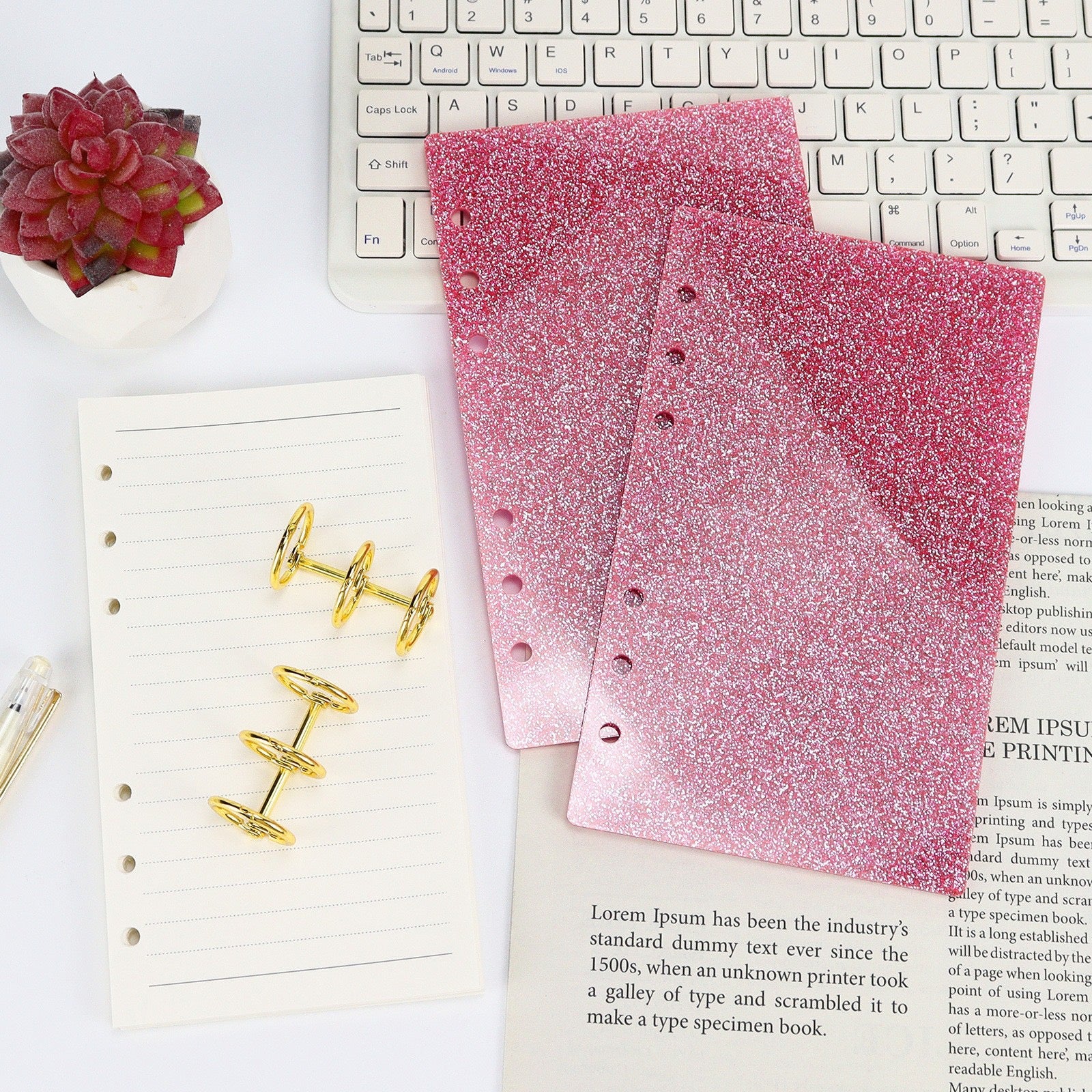 Glitter Acrylic Discbound Notebook Cover, 3-Ring Binder Shell for Planner, DIY Journal Shell with Gold/Black Rings