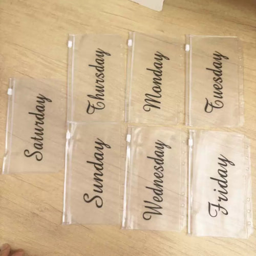 7Pcs A6 Weekly Budget Cash Envelopes - Clear 6-Ring Binder Inserts with Days of the Week Print