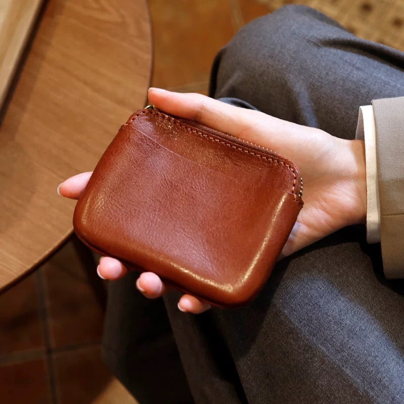Full-Grain PU Leather Mini Zipper Pouch, Portable Style Coin Purse & Lipstick Holder for Women