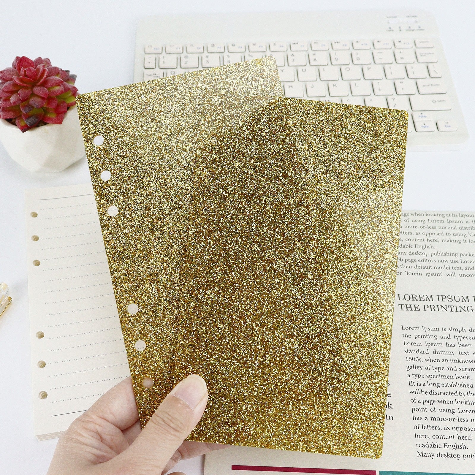 Glitter Acrylic Discbound Notebook Cover, 3-Ring Binder Shell for Planner, DIY Journal Shell with Gold/Black Rings