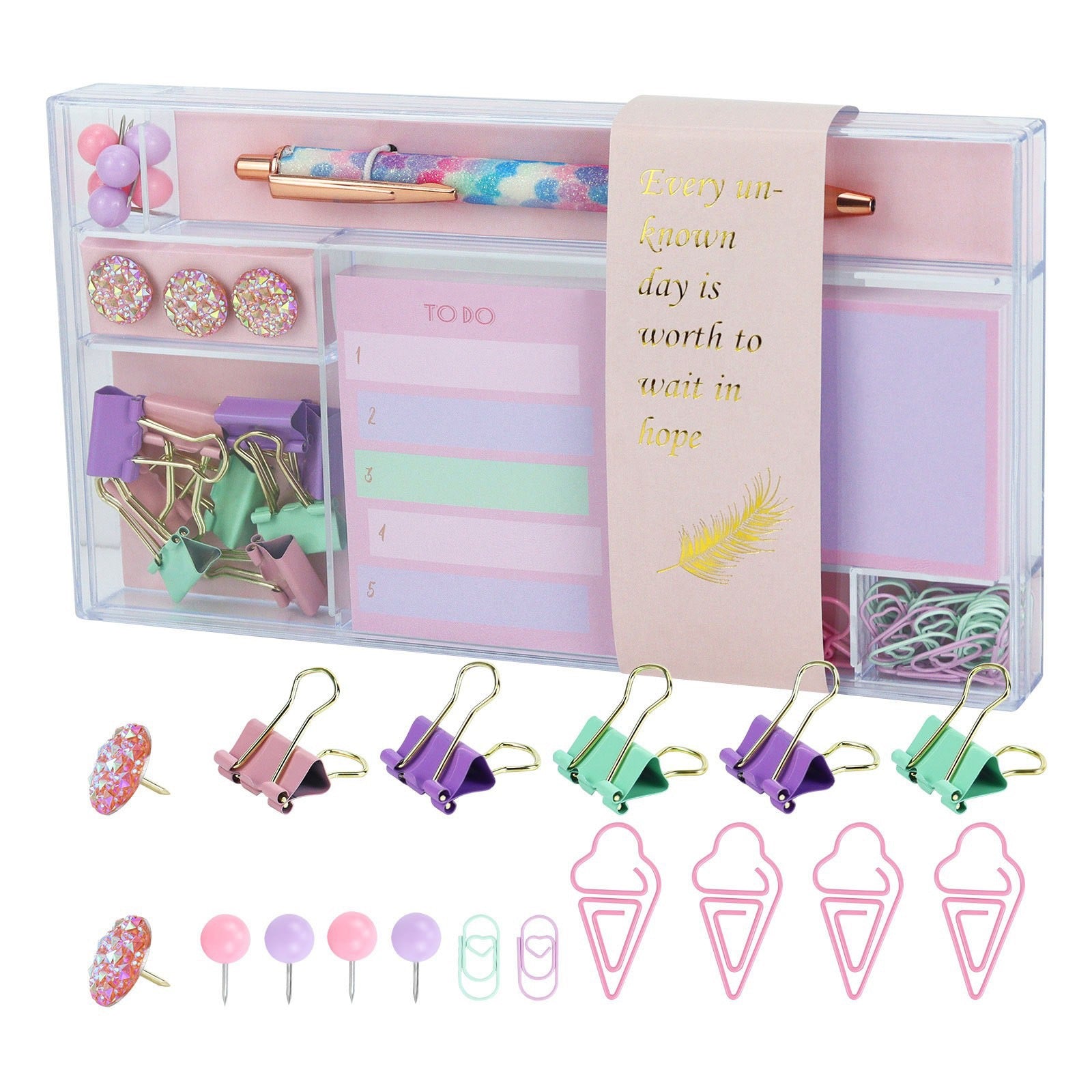Pastel Stationery Gift Set, Cute Macaron Desk Supplies Kit with Binder Clips, Sticky Notes & Pen