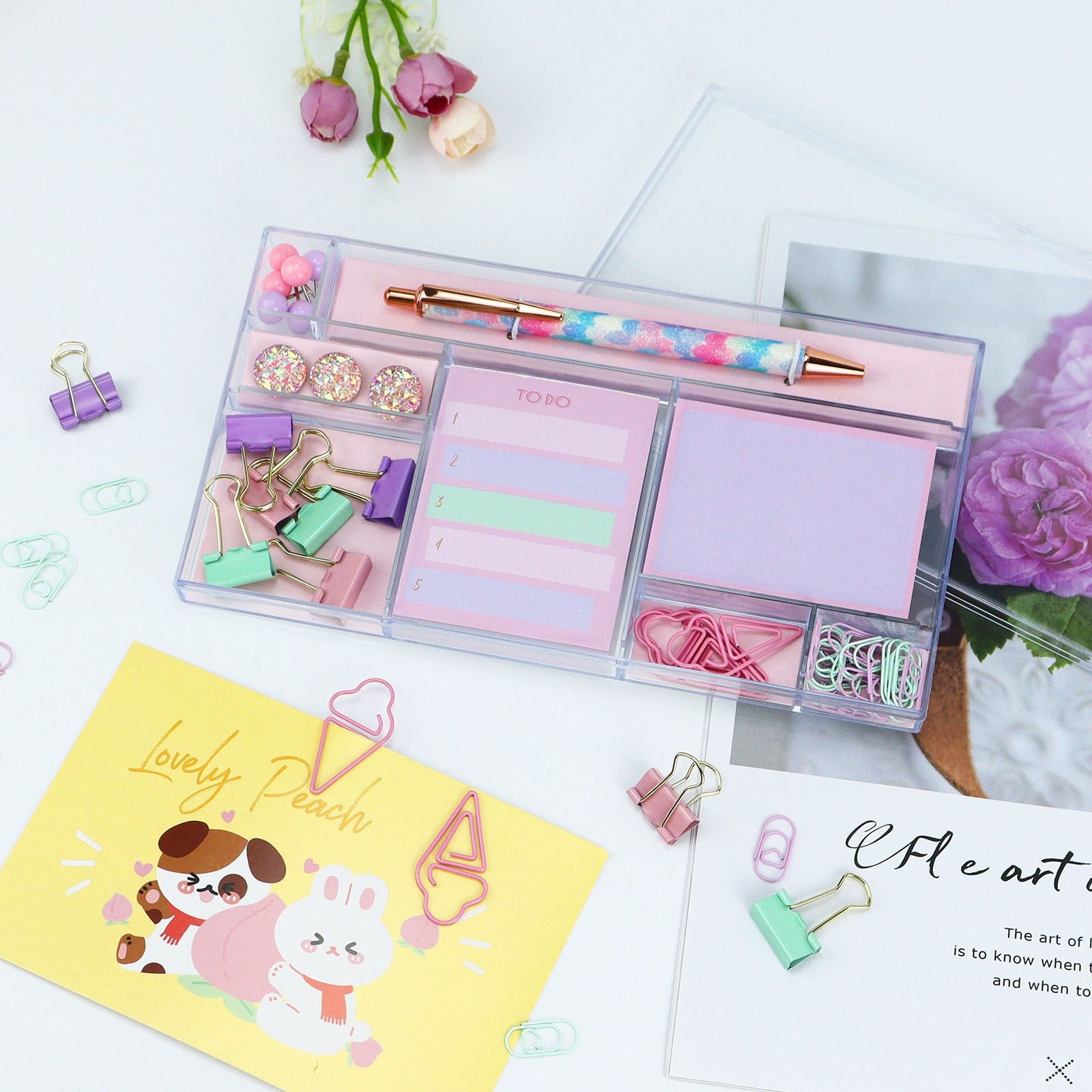 Pastel Stationery Gift Set, Cute Macaron Desk Supplies Kit with Binder Clips, Sticky Notes & Pen