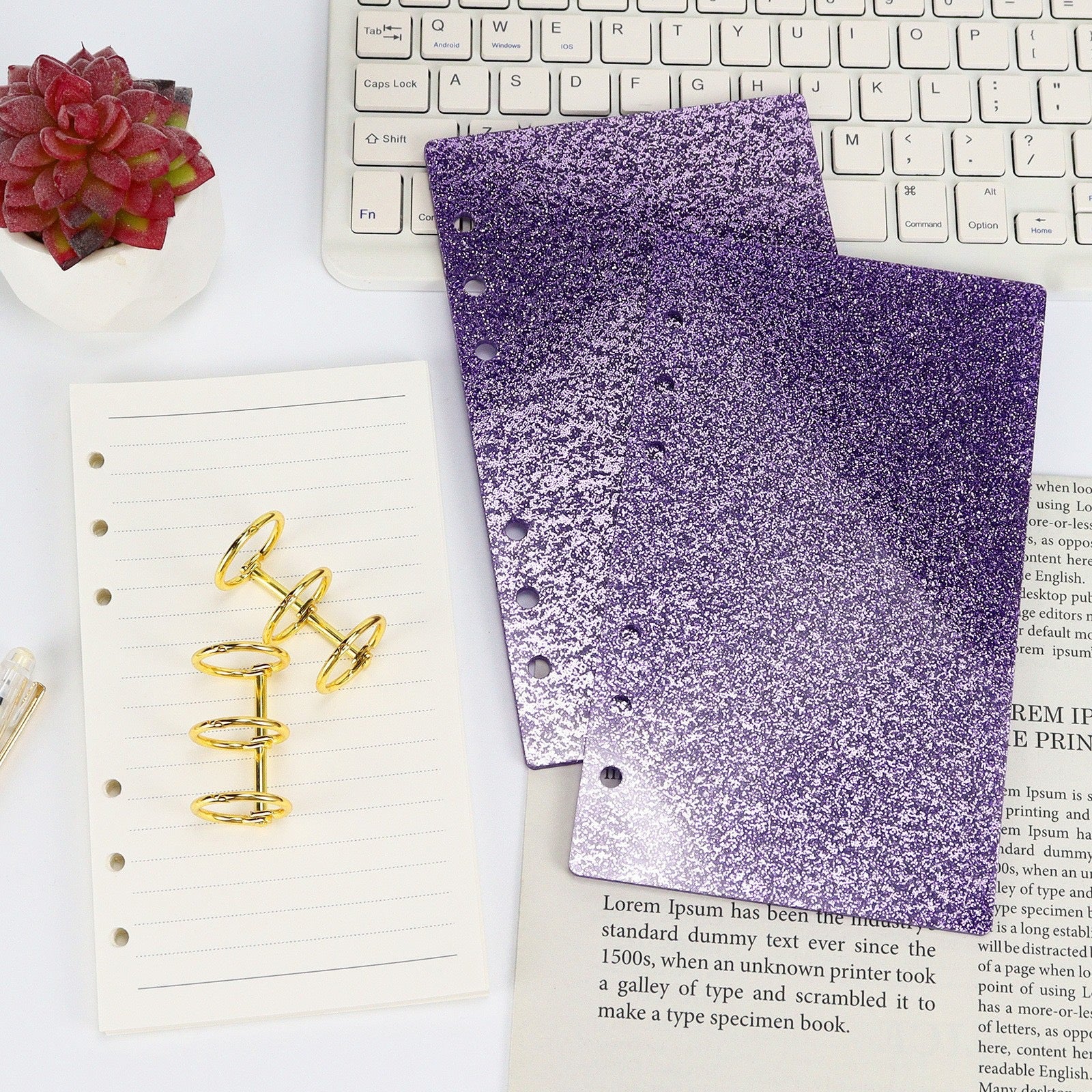 Glitter Acrylic Discbound Notebook Cover, 3-Ring Binder Shell for Planner, DIY Journal Shell with Gold/Black Rings
