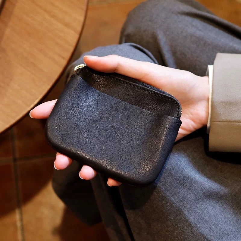 Full-Grain PU Leather Mini Zipper Pouch, Portable Style Coin Purse & Lipstick Holder for Women