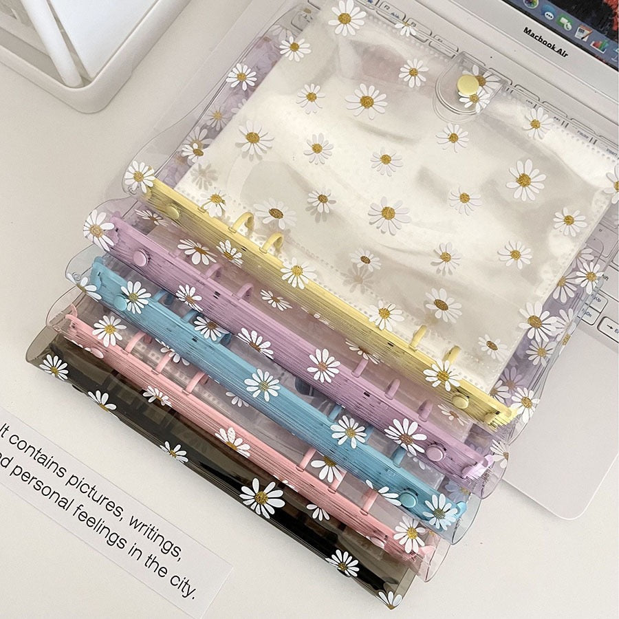 A6 Daisy Print Transparent 6-Ring Binder Notebook - Cute Floral Journal Planner